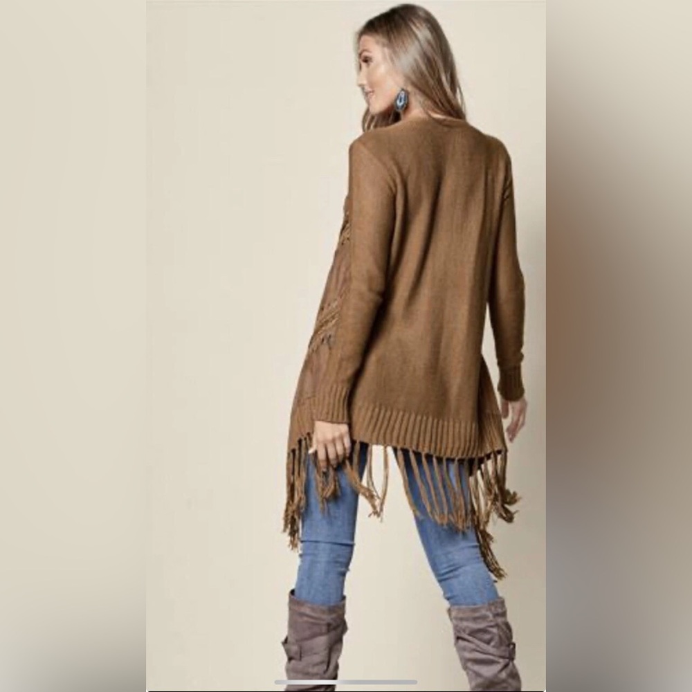 NEW Venus Trending Faux Suede Crochet Fringed Brown Women's Cardigan Sweater M - Picture 3 of 13